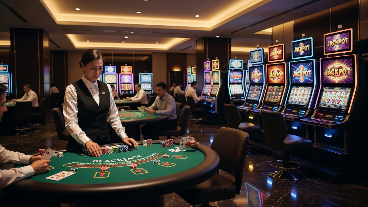Digital casino interface displaying slot game reels and live dealer tables on a tablet screen